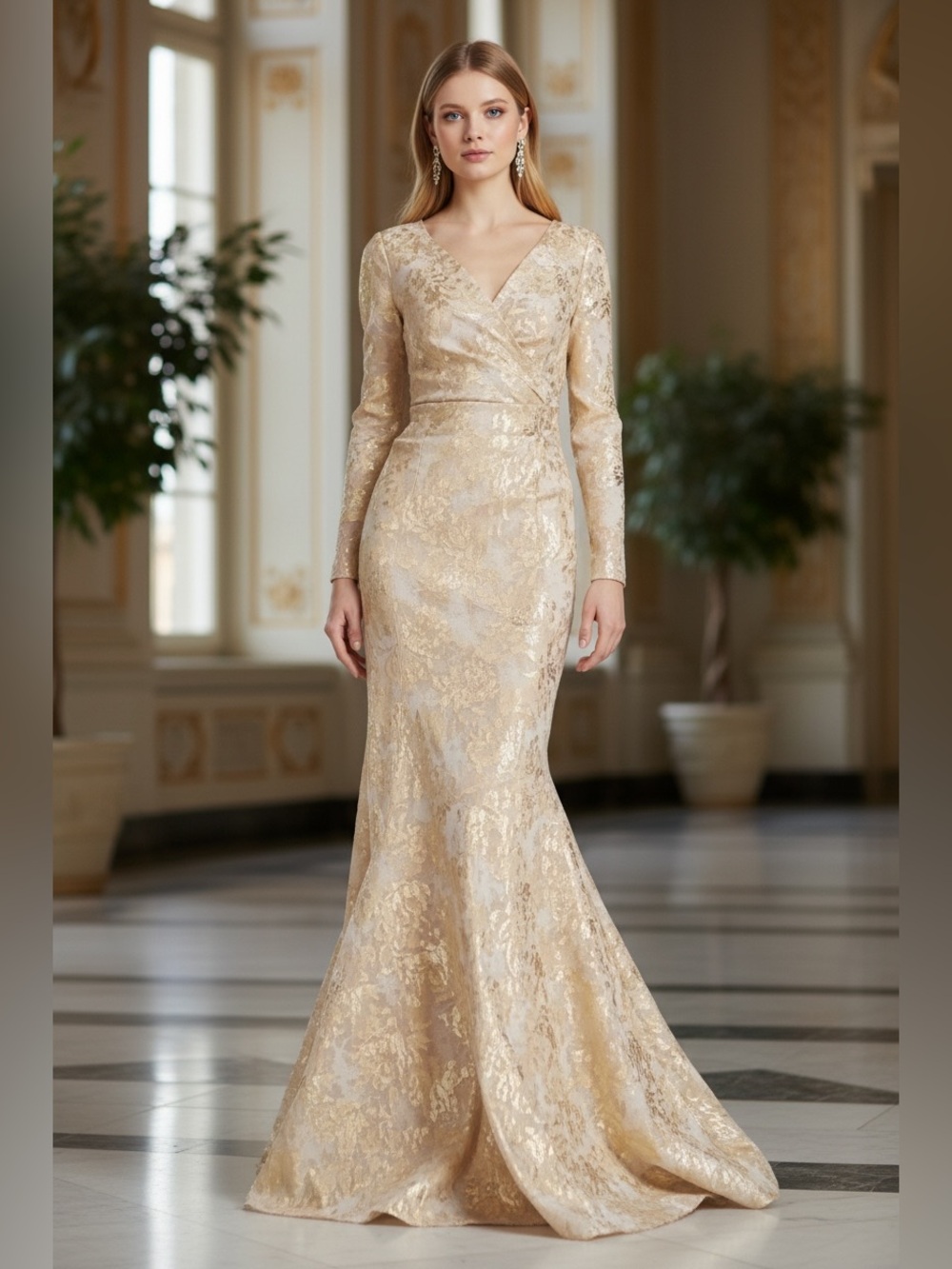 Teri Jon Godet Hem Metallic Jacquard Gold Gown Size 10